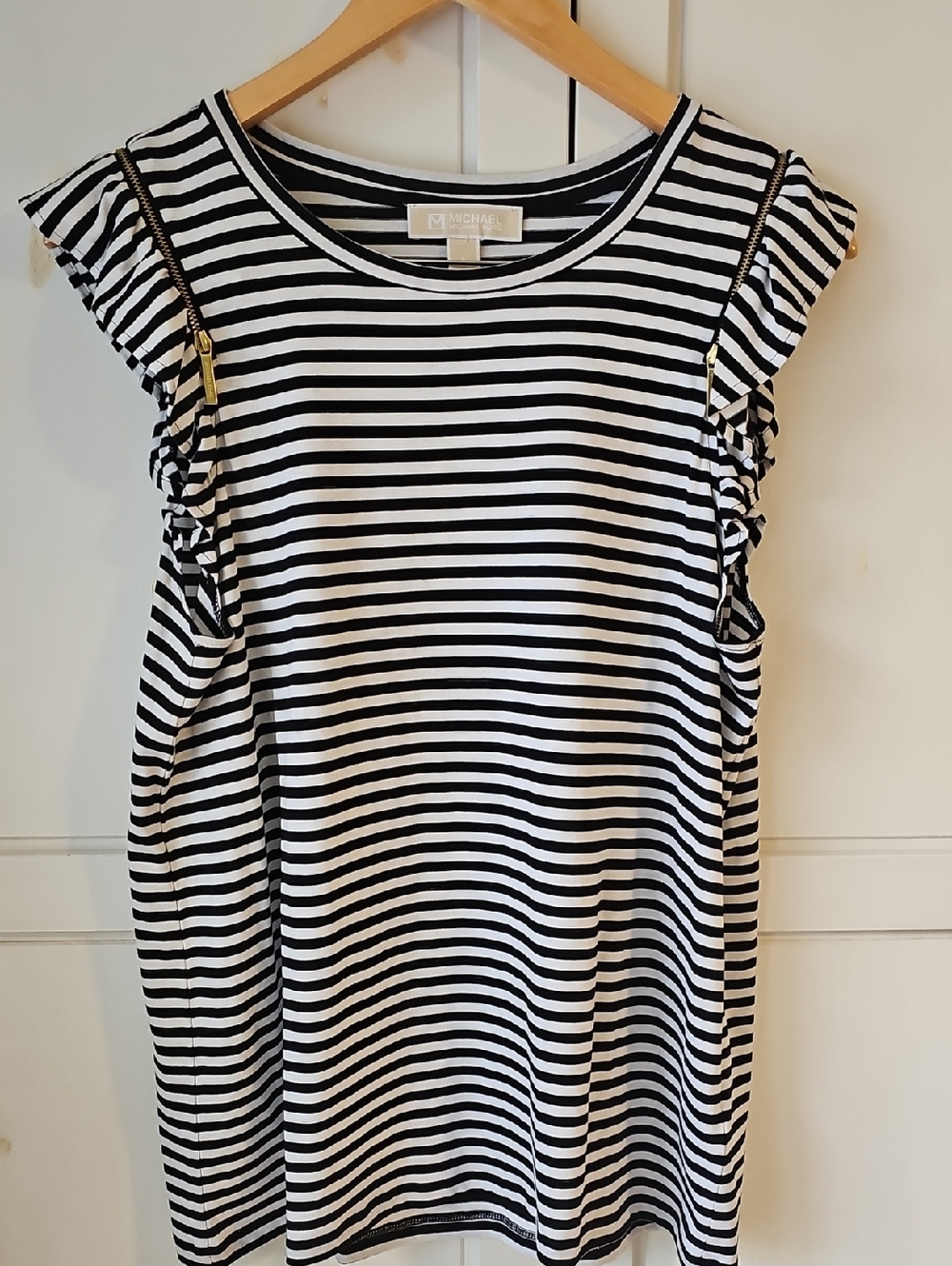 MICHAEL Michael Kors Black & White Striped Ruffle Sleeve Shell with Gold Trim